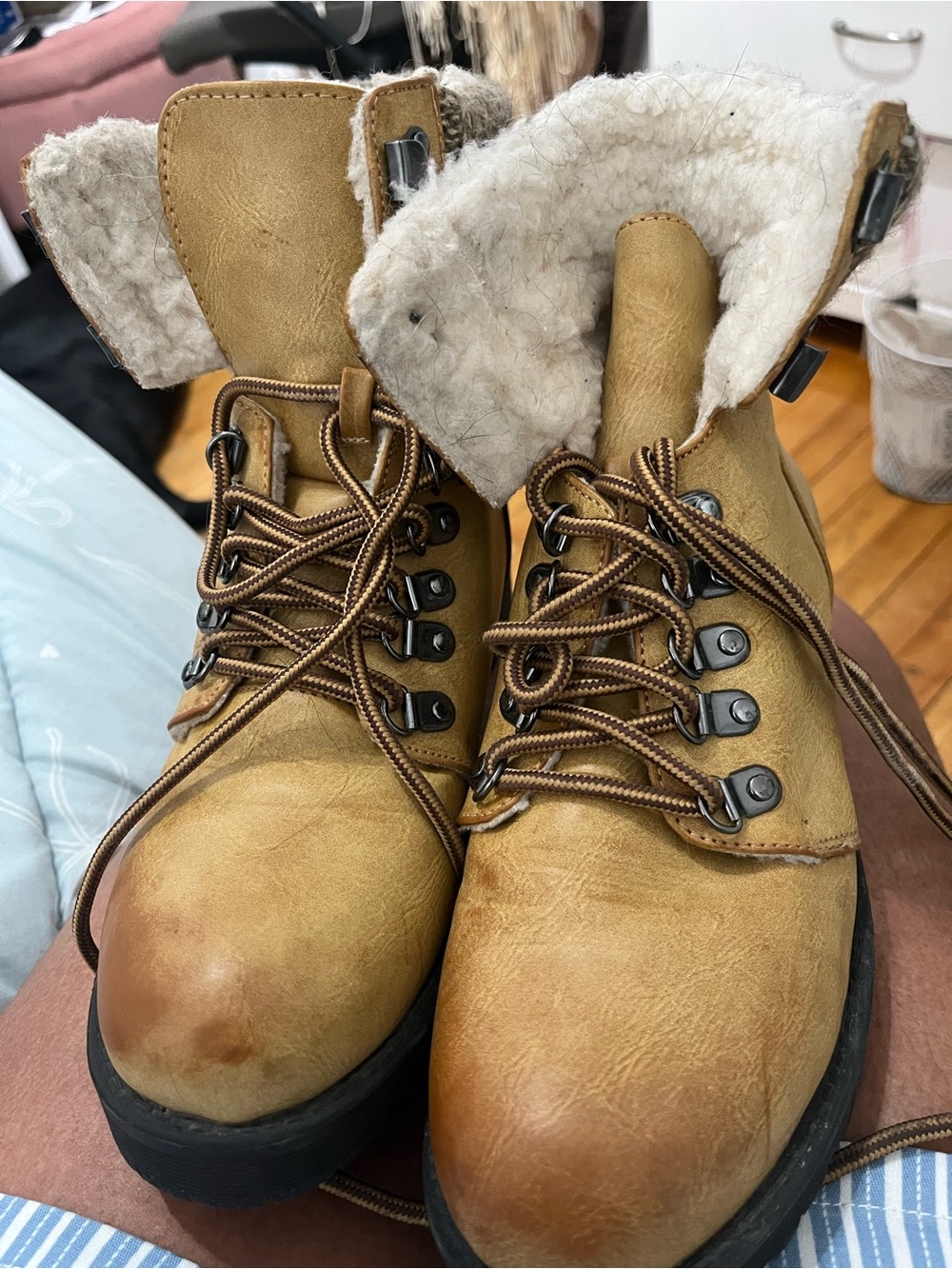 MIA Women's Tan Lace-Up Sherpa Collar Boots